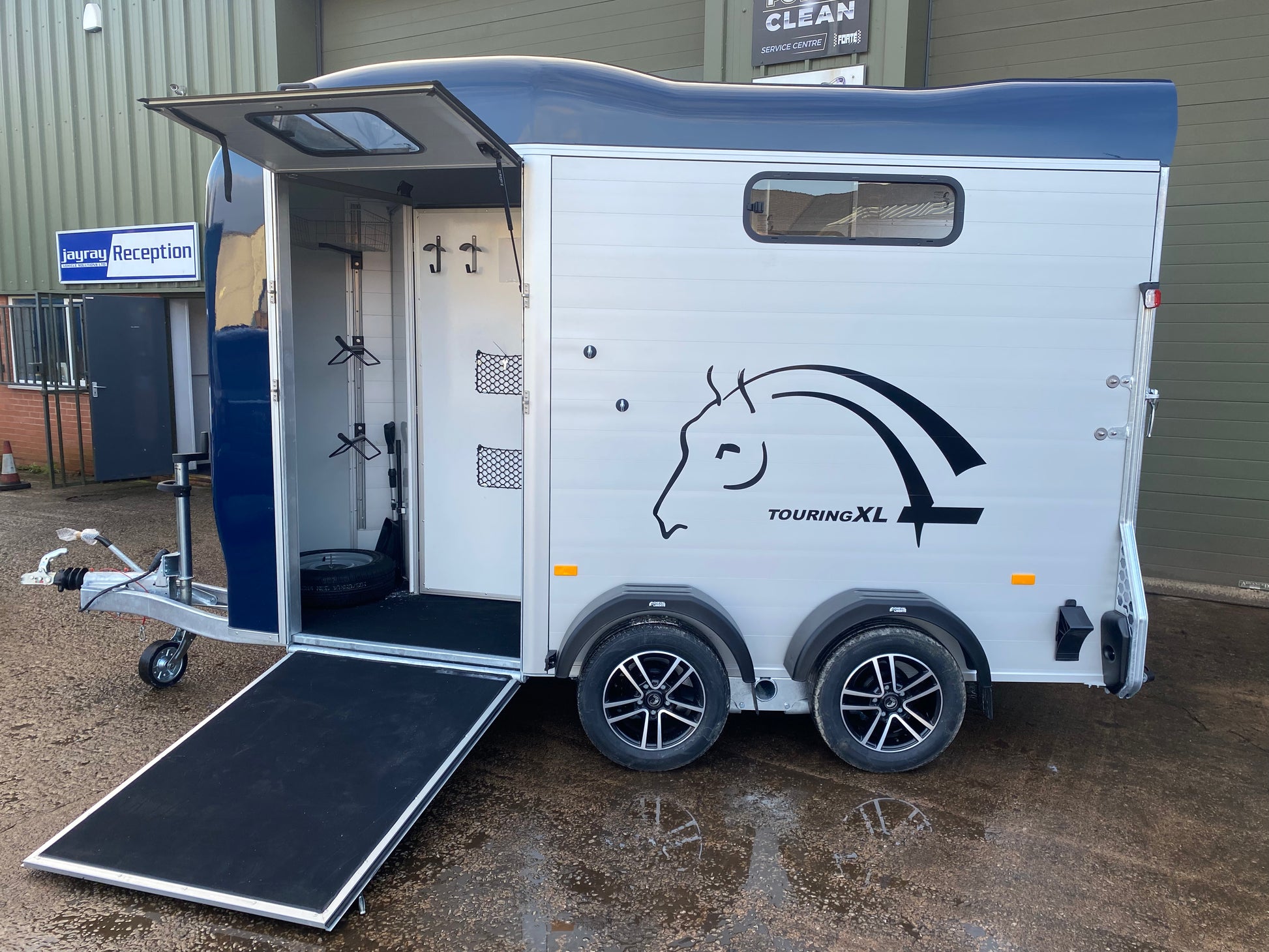 Front Ramp of Cheval Liberté Touring XL Horse Trailer Open for Unloading