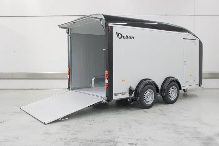 Debon C800 trailer with rear ramp open for easy loading