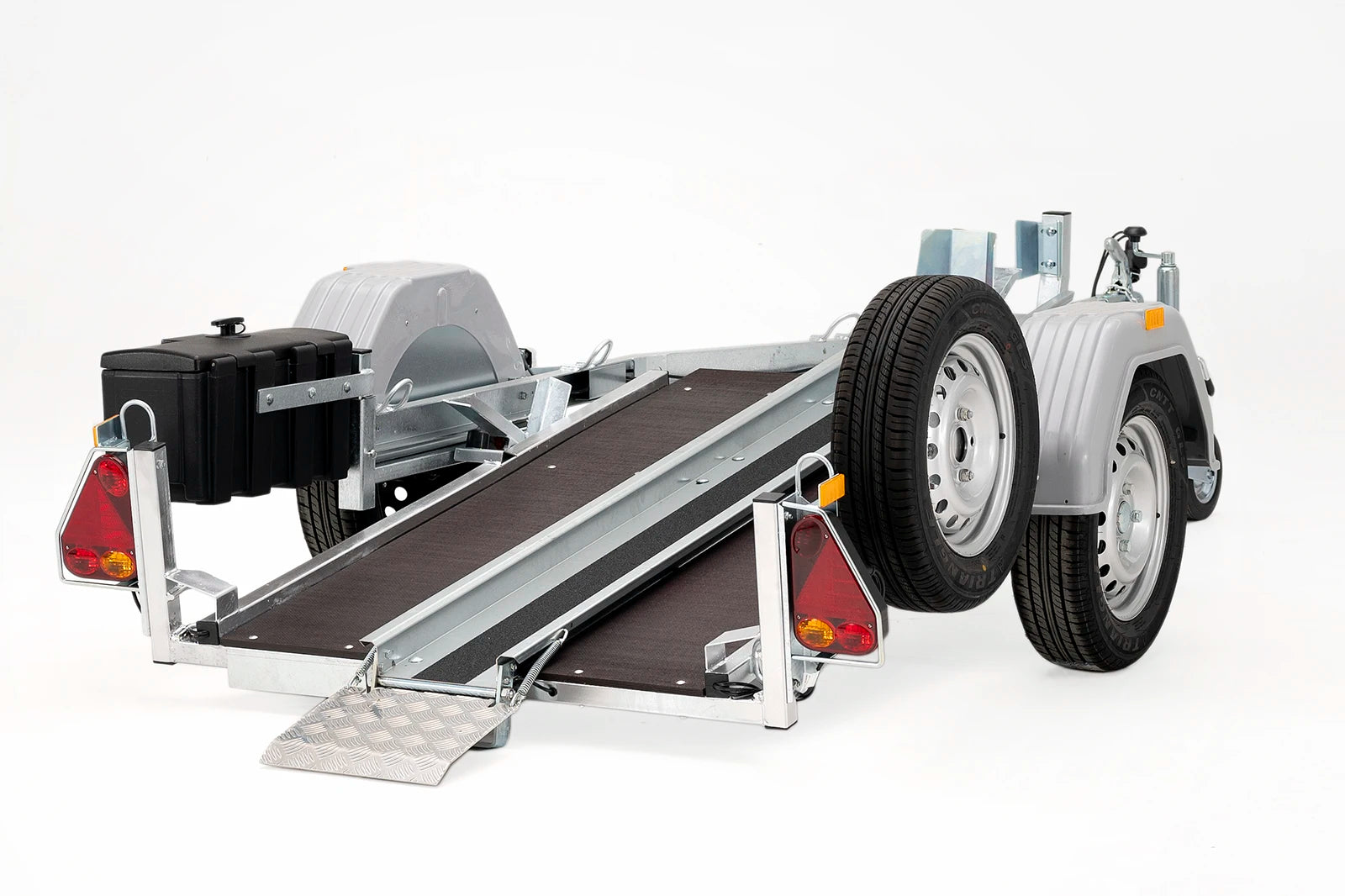 Debon Moto1 motorbike trailer rear angle tilted with spare and toolbox