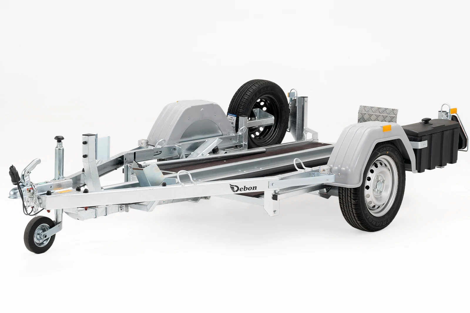 Debon MOTO 1 motorcycle trailer side view showing tilting bed and ramp