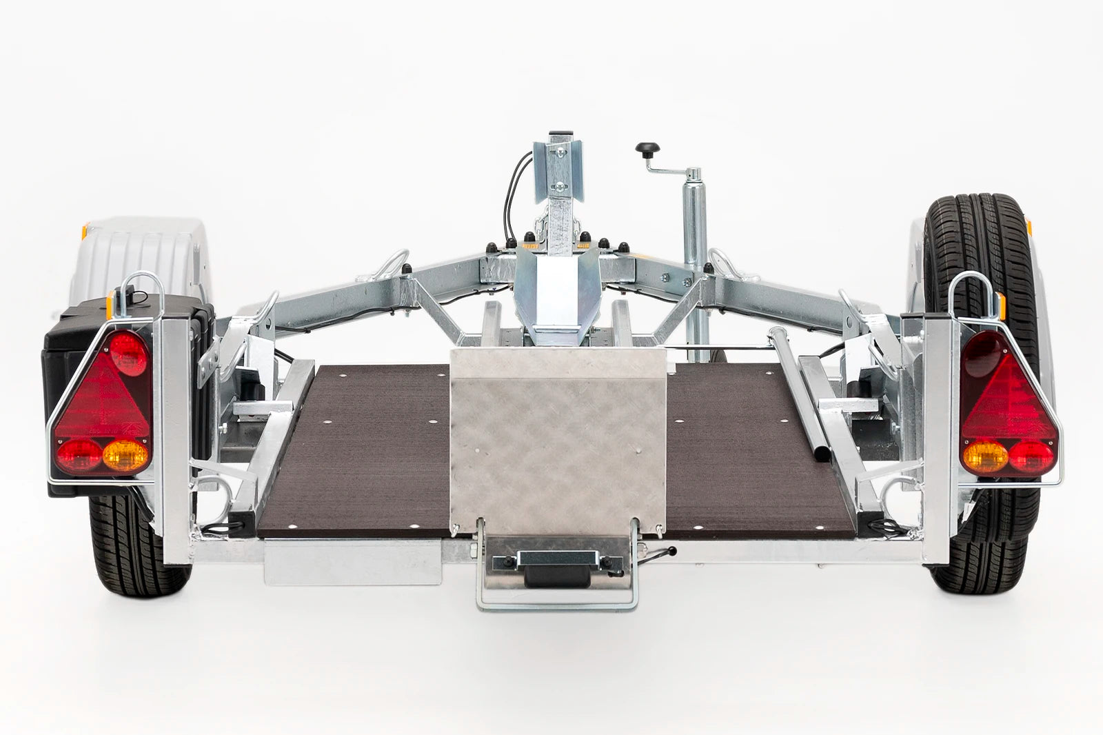 Rear view of Debon MOTO 1 motorcycle trailer with ramp up