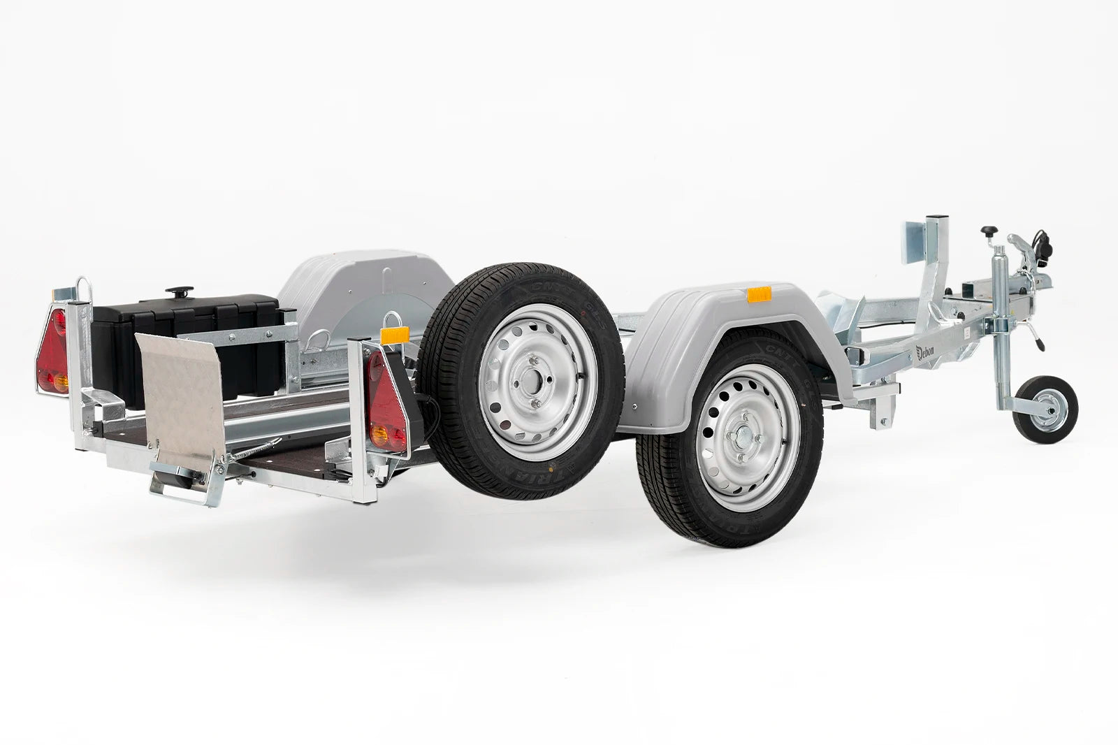 Motorbike secured on Debon MOTO 1 trailer ready for transport