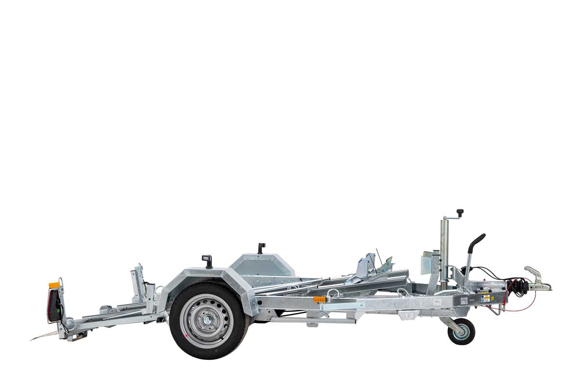 Debon MOTO 2 motorcycle trailer side view with tilting beds