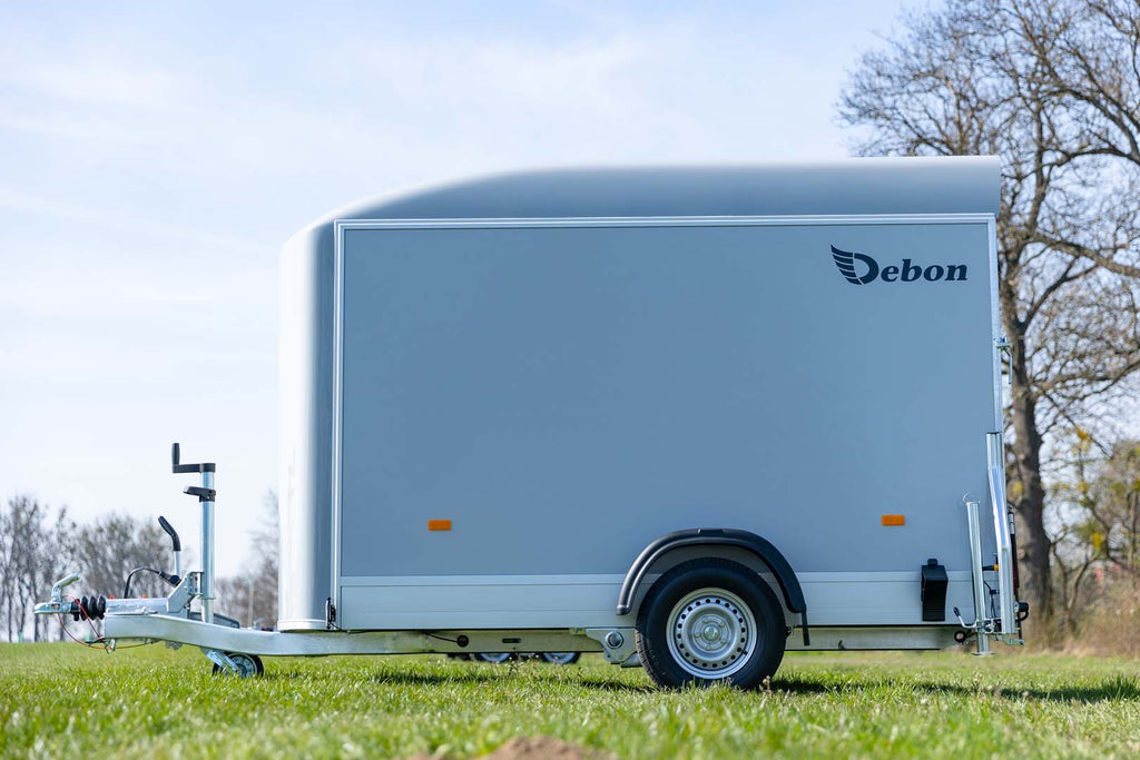 Debon C300 box van trailer with composite sides and steel wheels with a striking white roof