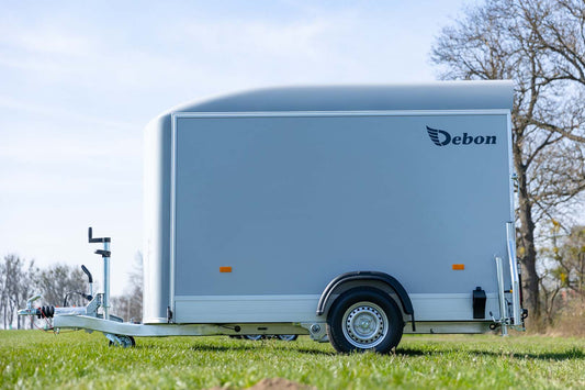 Debon C300 box van trailer with composite sides and steel wheels with a striking white roof