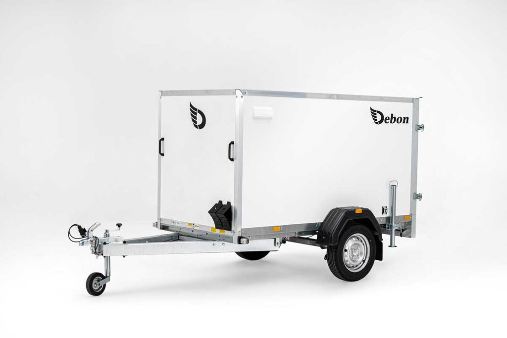 Debon C220 Box Trailer front and side view with ramp door closed