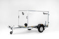 Debon C220 Box Trailer front and side view with ramp door closed