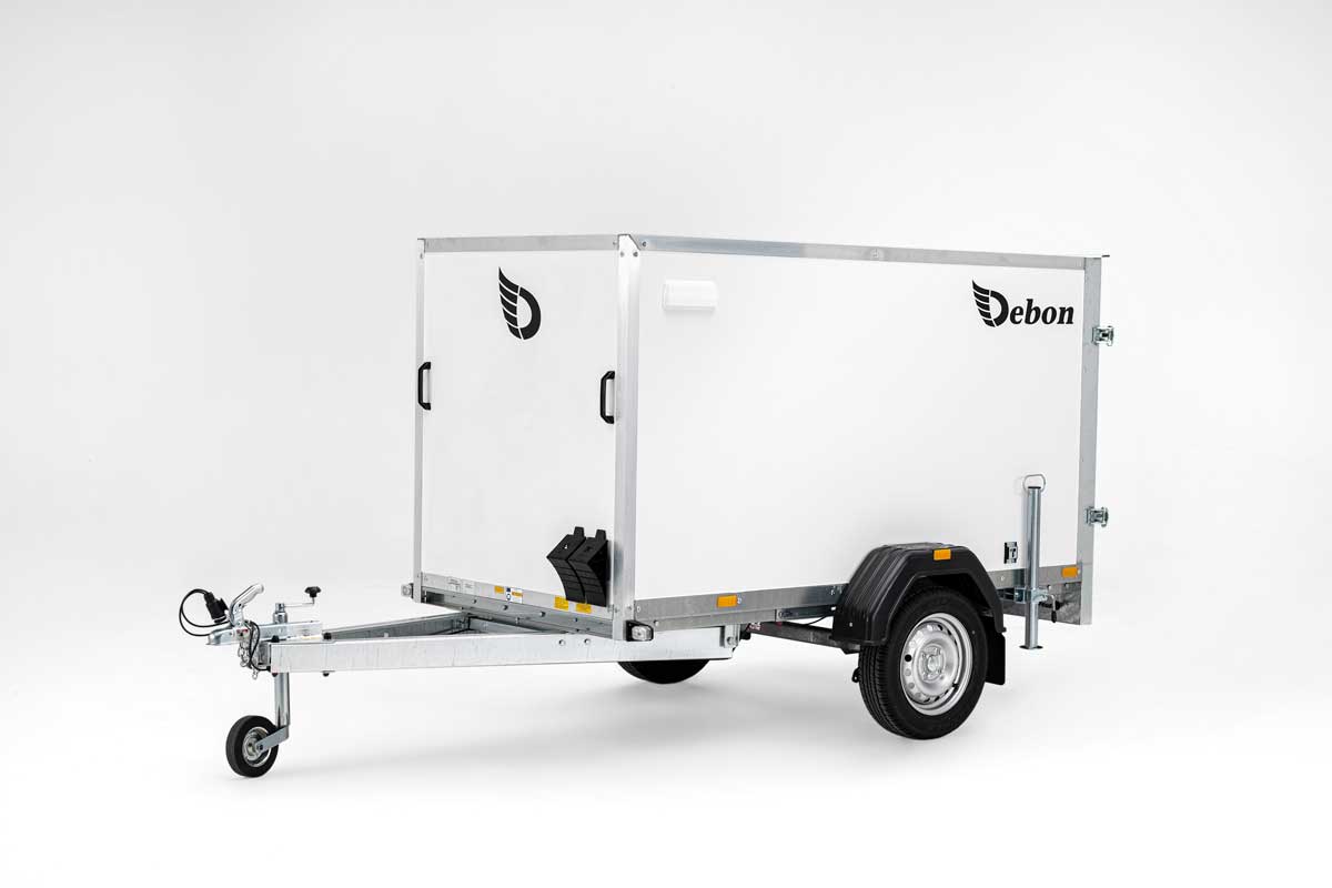 Debon C220 Box Trailer front and side view with ramp door closed