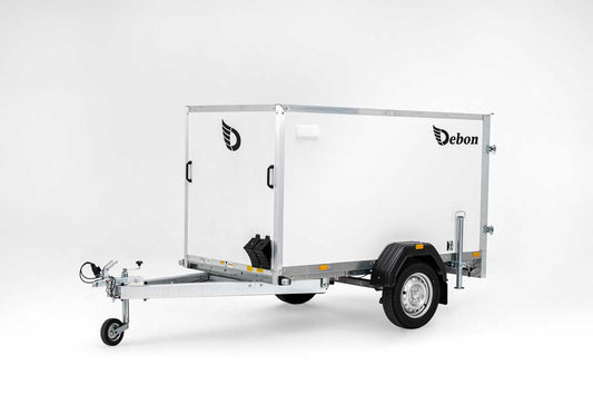 Debon C220 Box Trailer front and side view with ramp door closed