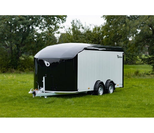 Debon C800 twin axle box trailer front side view