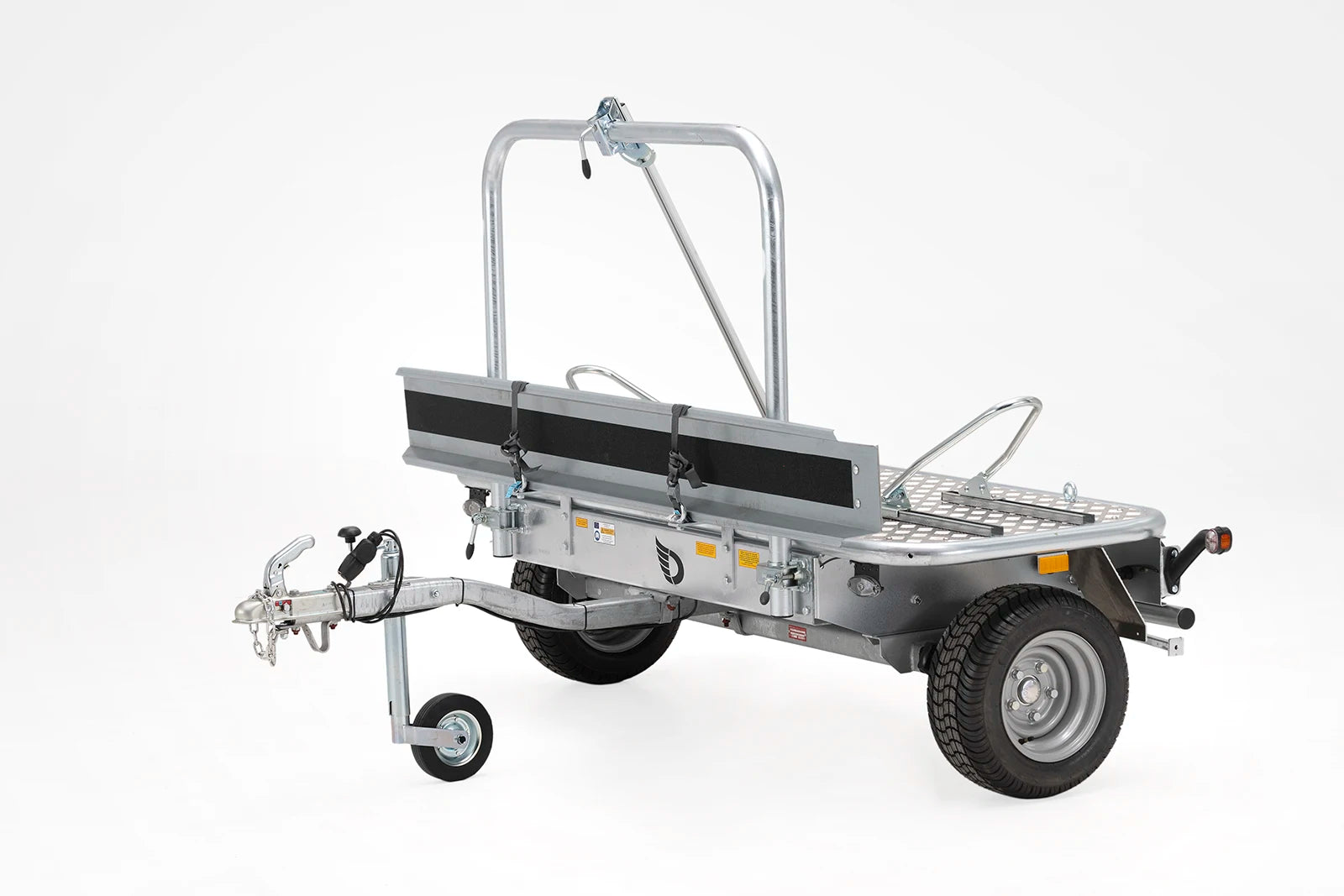 Debon MOTO COMPACT motorcycle trailer side view with ramp and bike chocks