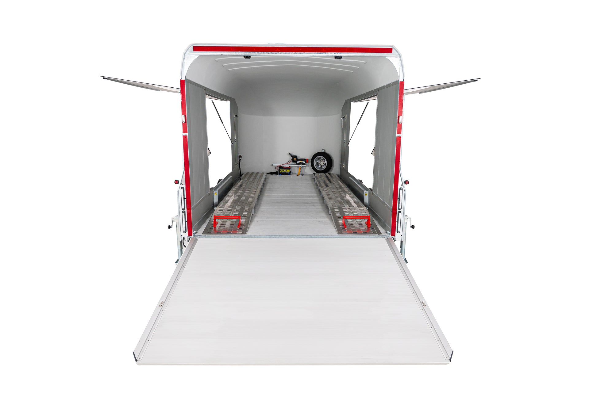 The Debon C2000 Enclosed car transporter makes loading and unloading easy with low clearance full ramp, internal ramps and gullwing doors.