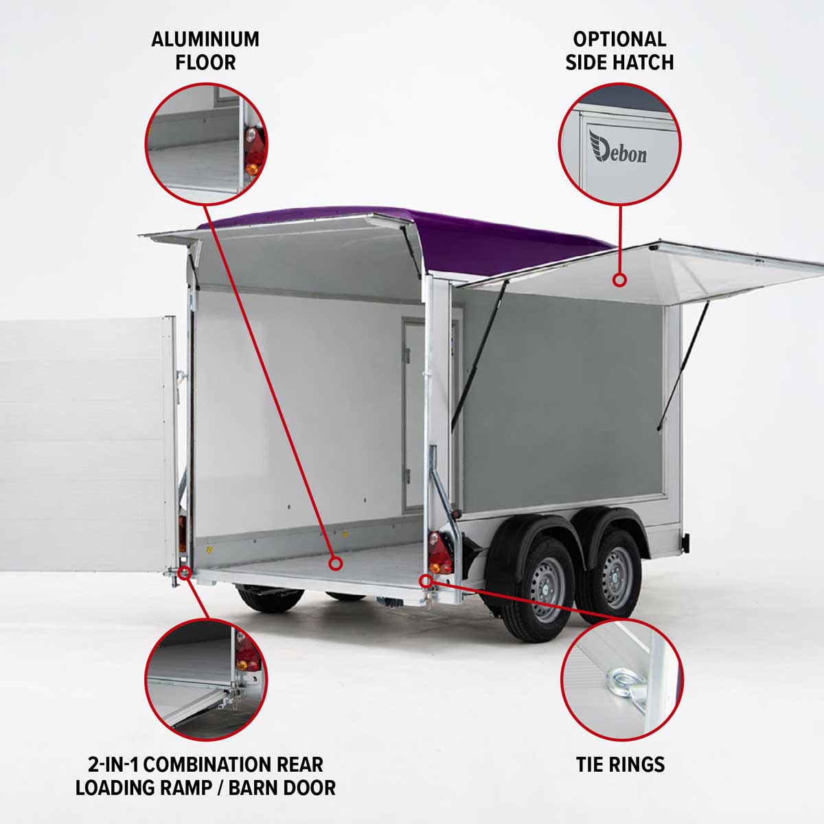 Debon C500 Box Trailer With Side Opening Hatch.