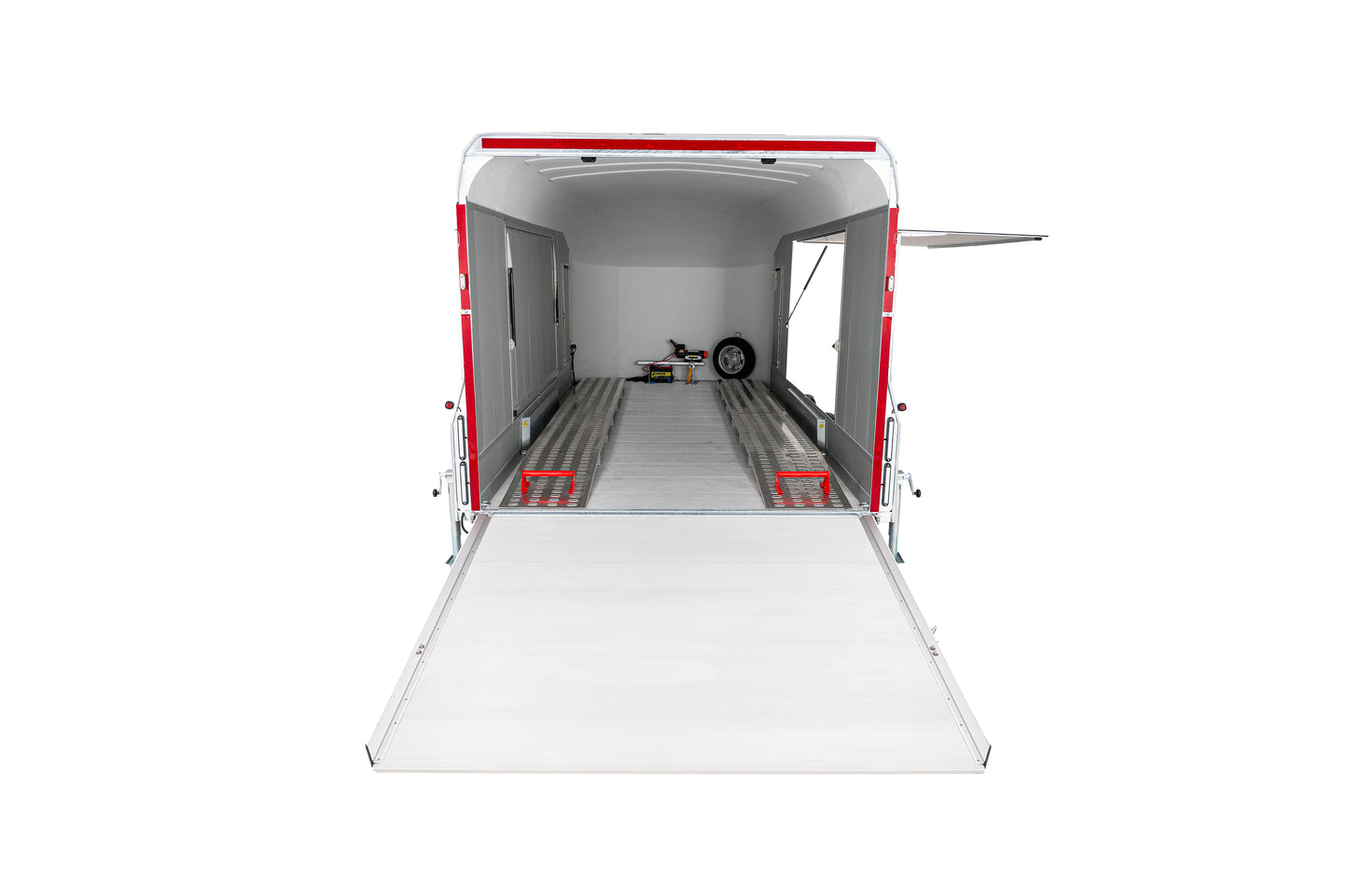 Debon C2000 enclosed car transporter with the rear ramp open ready for loading with the gullwing door open to allow you to exit the vehicle once loading is complete.