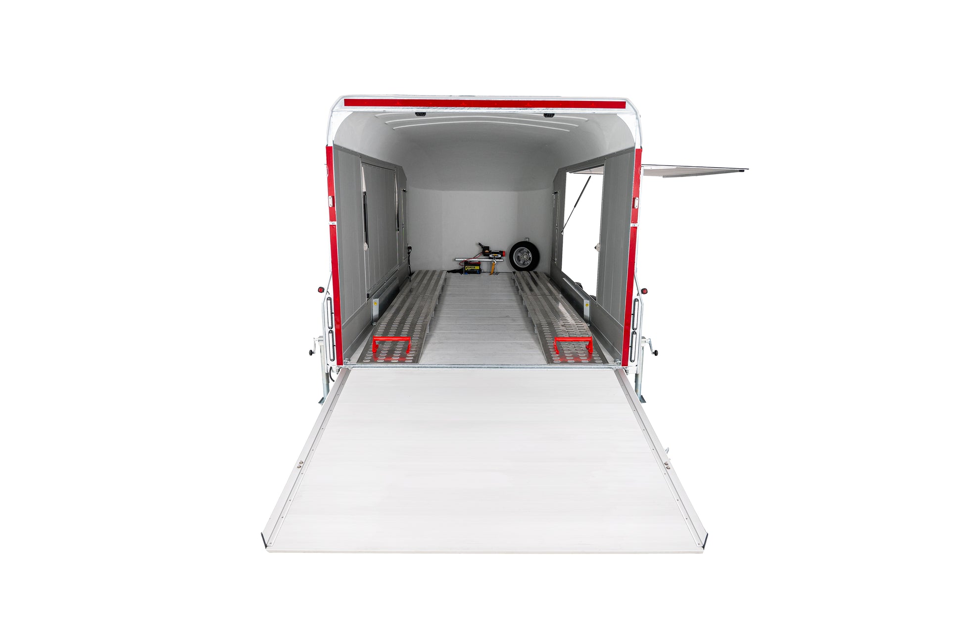 Debon C2000 enclosed car transporter with the rear ramp open ready for loading with the gullwing door open to allow you to exit the vehicle once loading is complete.