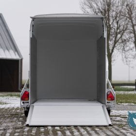 Spacious interior of Debon C400 enclosed trailer with ramp open for motorbike, ATV and karting access